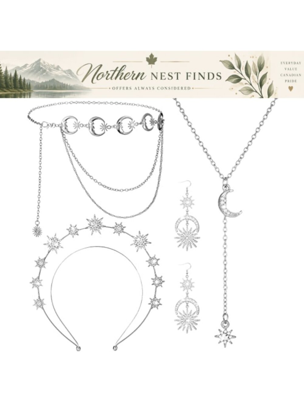 Halo Crown Set Moon Star Necklace Body Chain Headband Drop Earrings